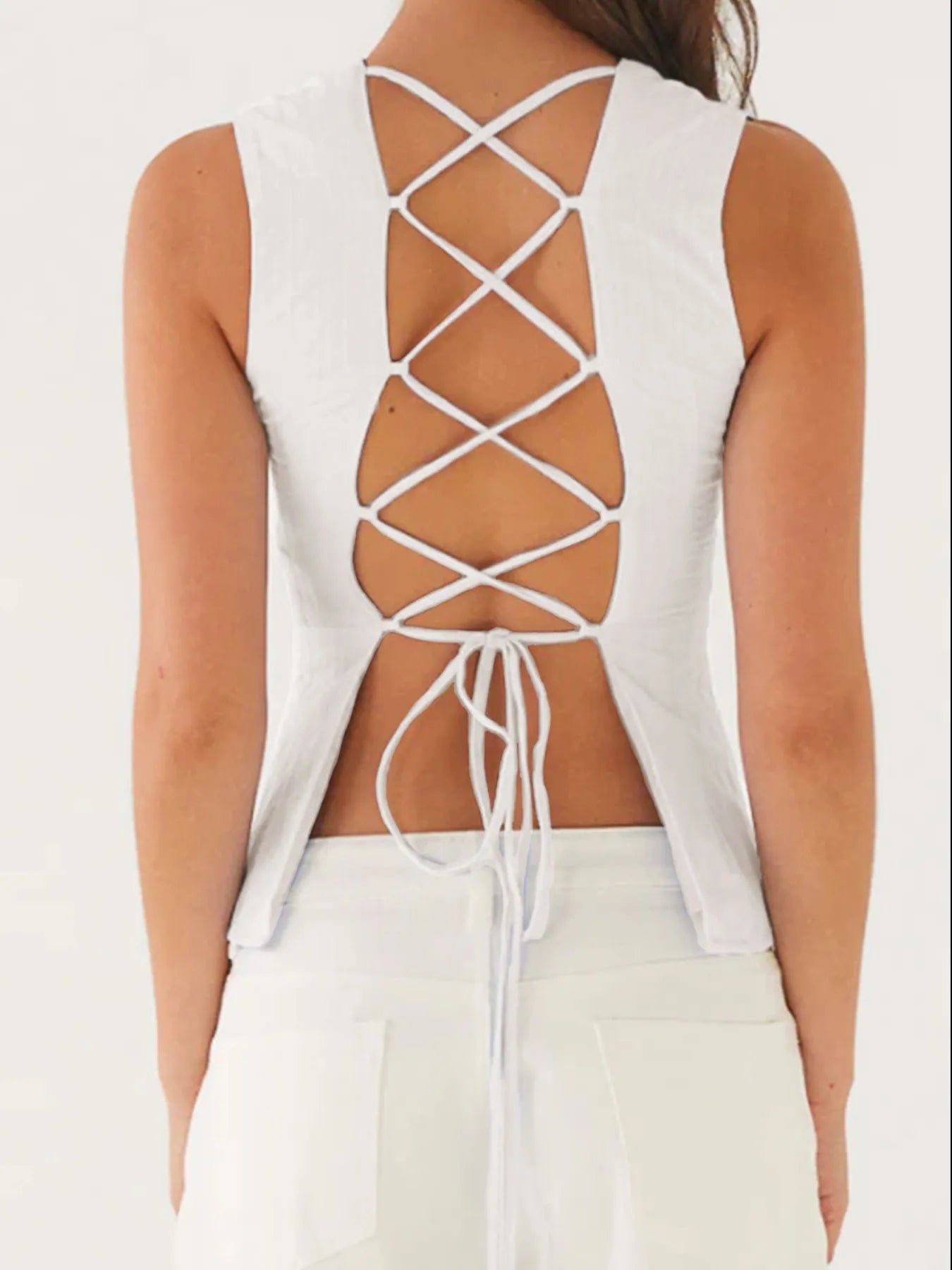 Back Lace Up Sleeveless Top with Cinched Waist Design - cas7m