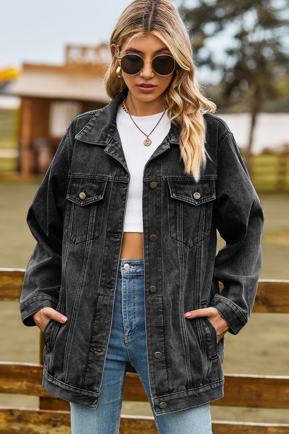 Buttoned Collared Neck Denim Jacket with Pockets - cas7m