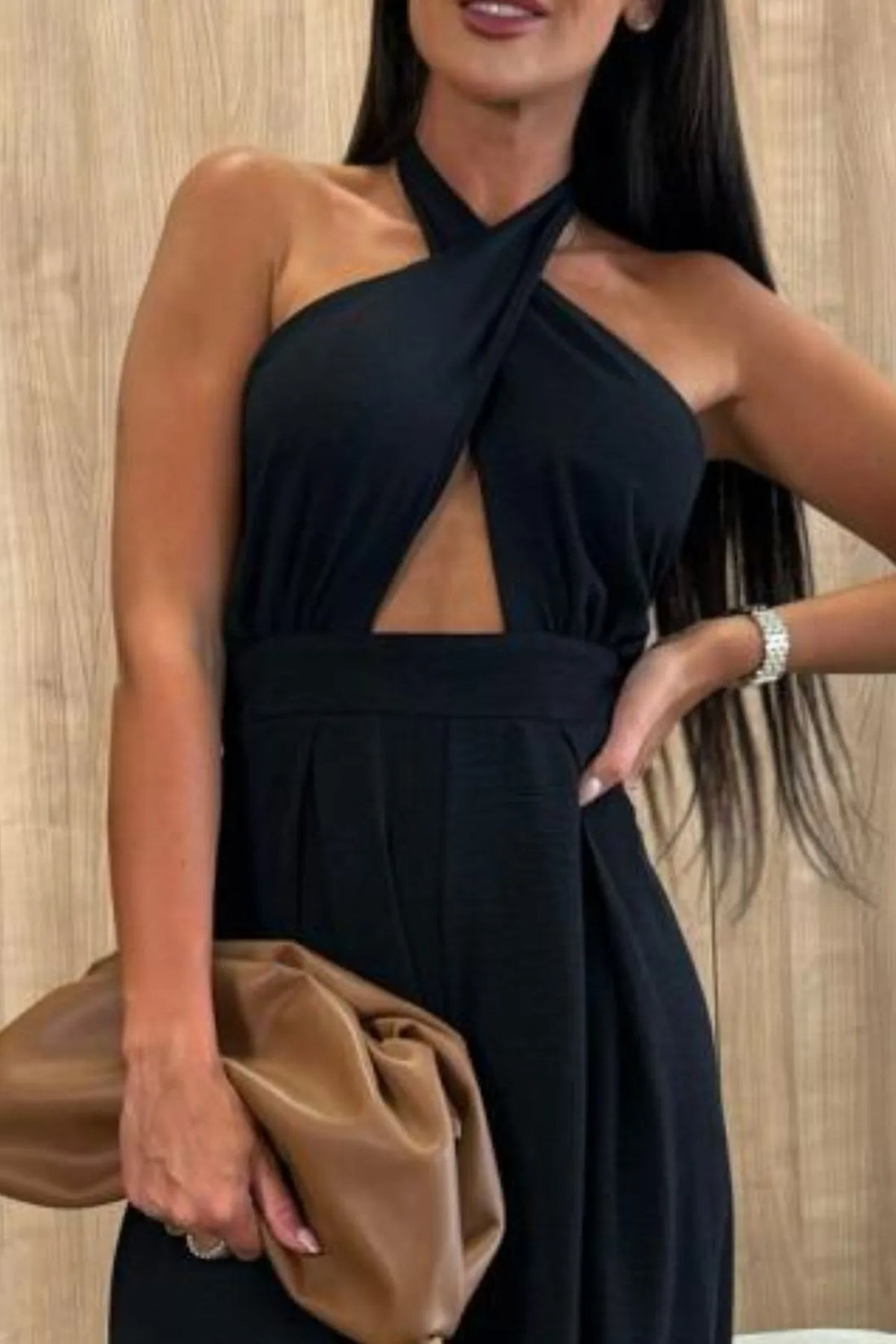 Crisscross Cutout Backless Maxi Dress - 100% Polyester Elegance - cas7m