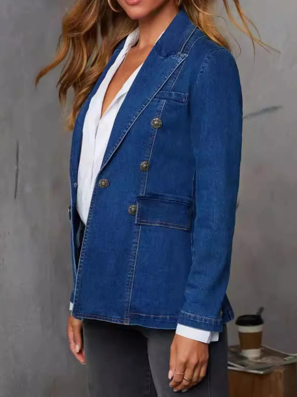 Collared Neck Long Sleeve Denim Jacket - cas7m