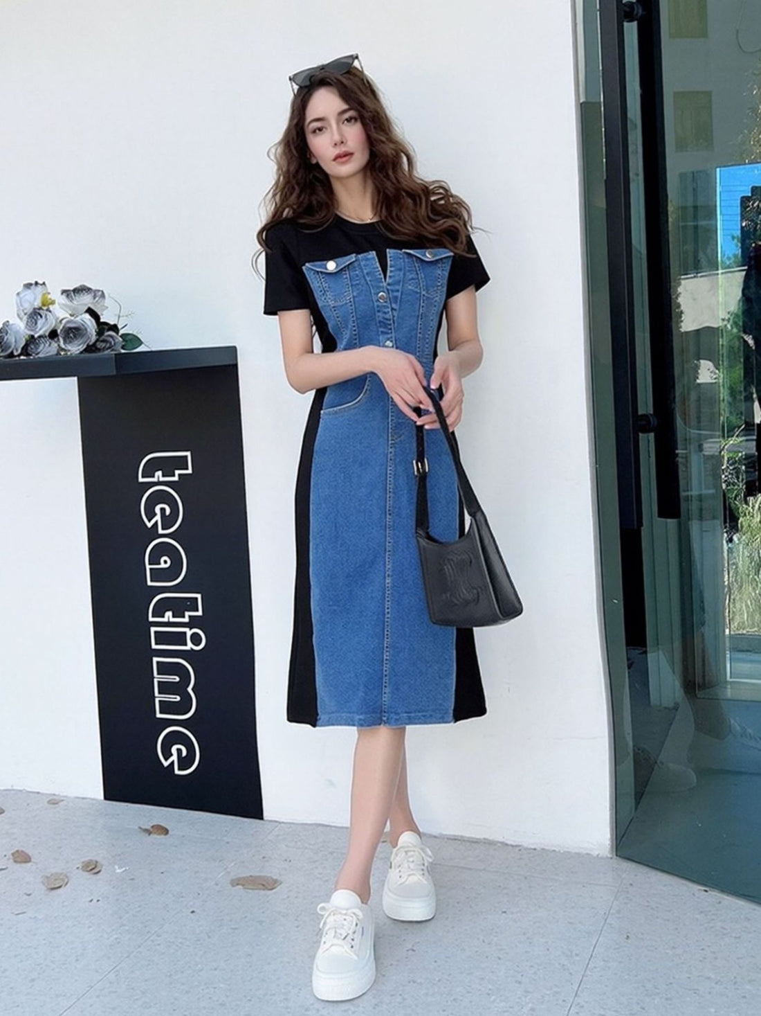 Full Size Denim Patchwork Short Sleeve Slit Back Dress Plus Size - cas7m