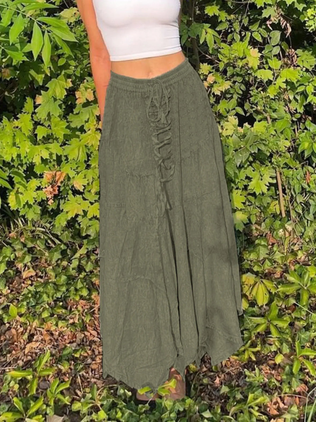 Asymmetrical Hem Midi Skirt with Drawstring Waist - cas7m