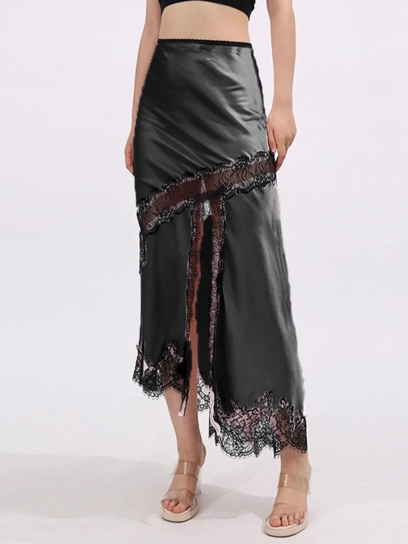 Lace Trim Asymmetrical Midi Skirt - cas7m