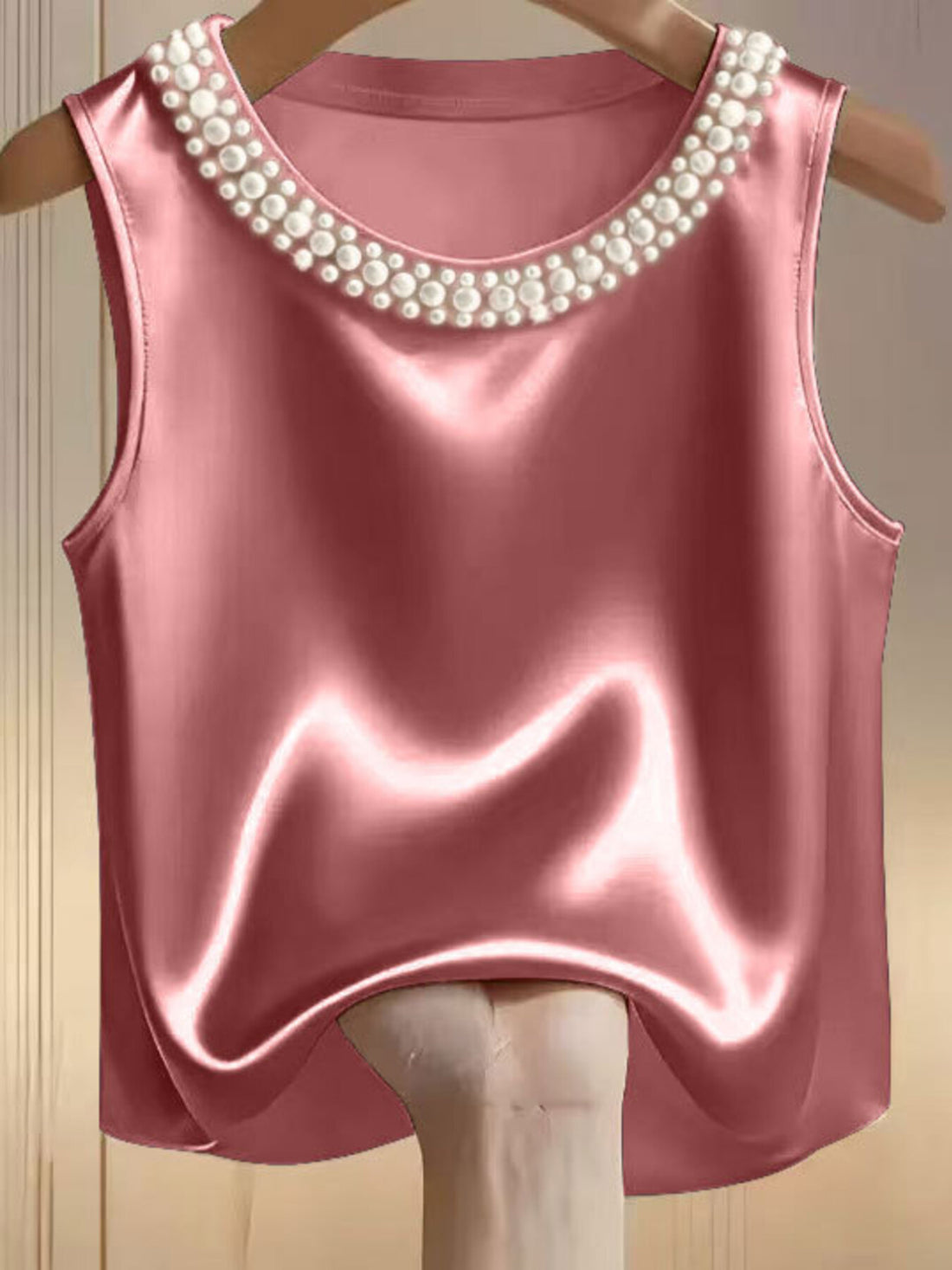 Pearl Embellished Satin Tank Top - cas7m