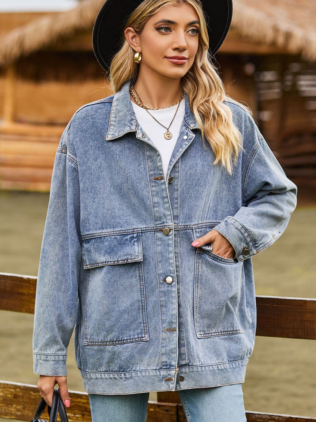 Dropped Shoulder Denim Jacket with Pockets - cas7m