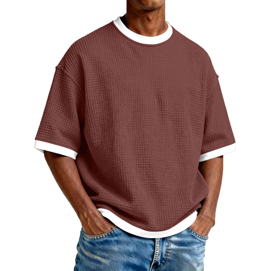 Men's Crew Neck Contrast Color Casual T-Shirt - Cotton Blend Lightweight Short Sleeve Top For Daily Wear - cas7m