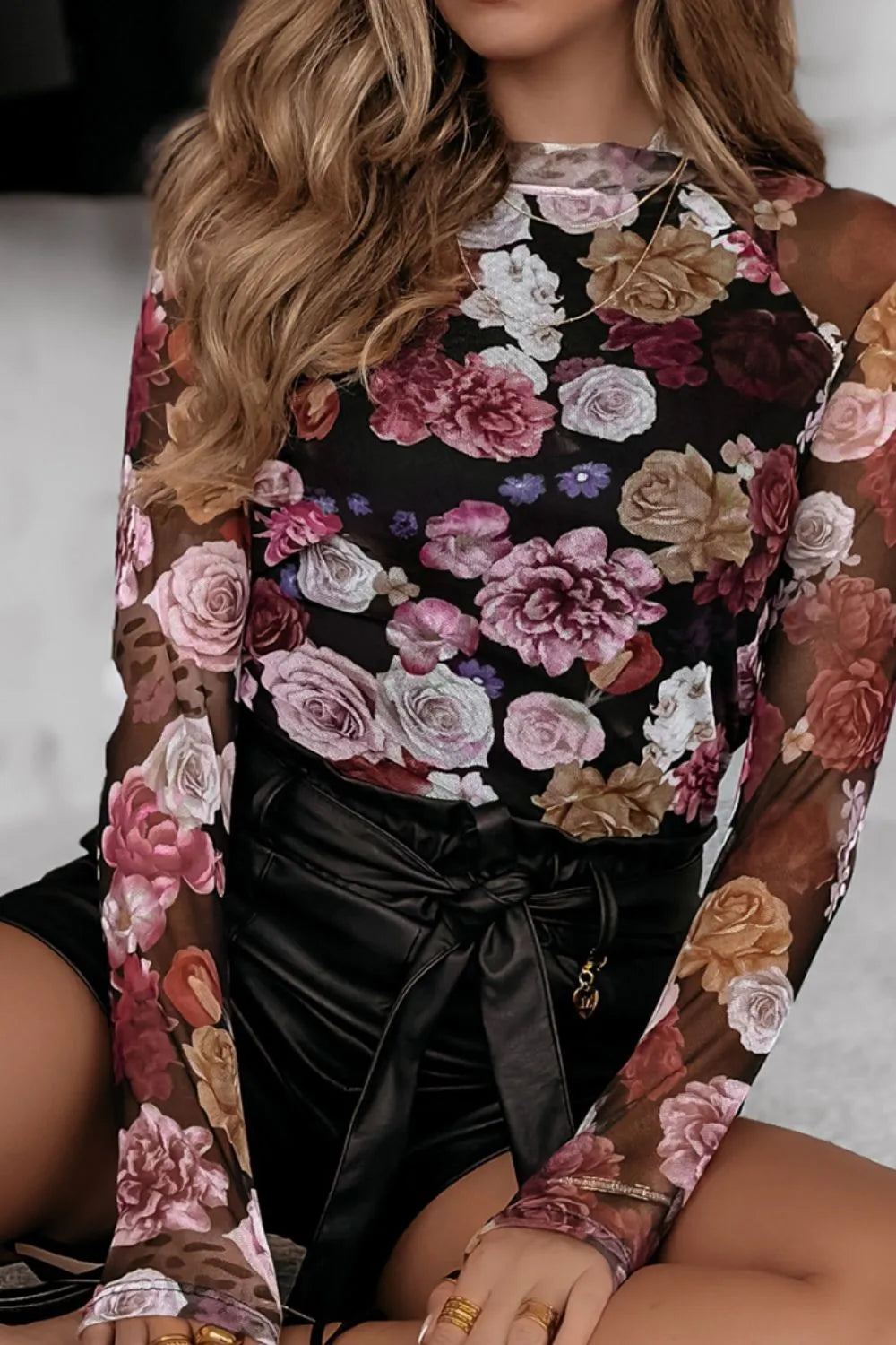 Floral Mock Neck Long Sleeve Mesh Top - cas7m