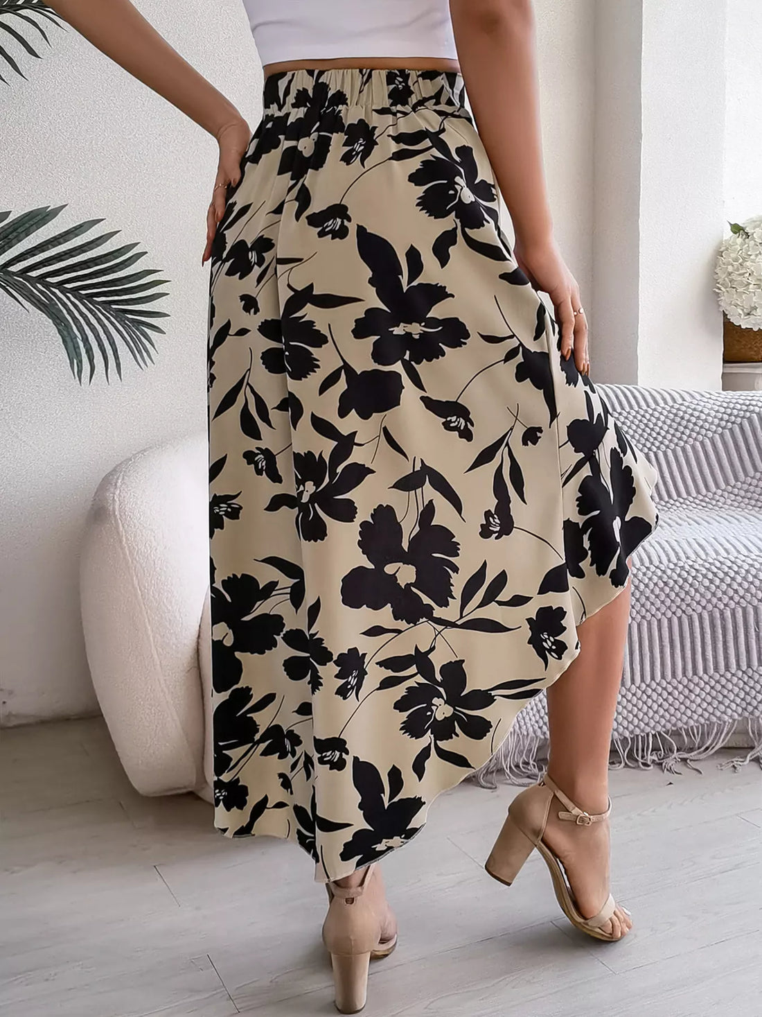 Floral Print Ruffle Hem Asymmetrical Skirt - cas7m