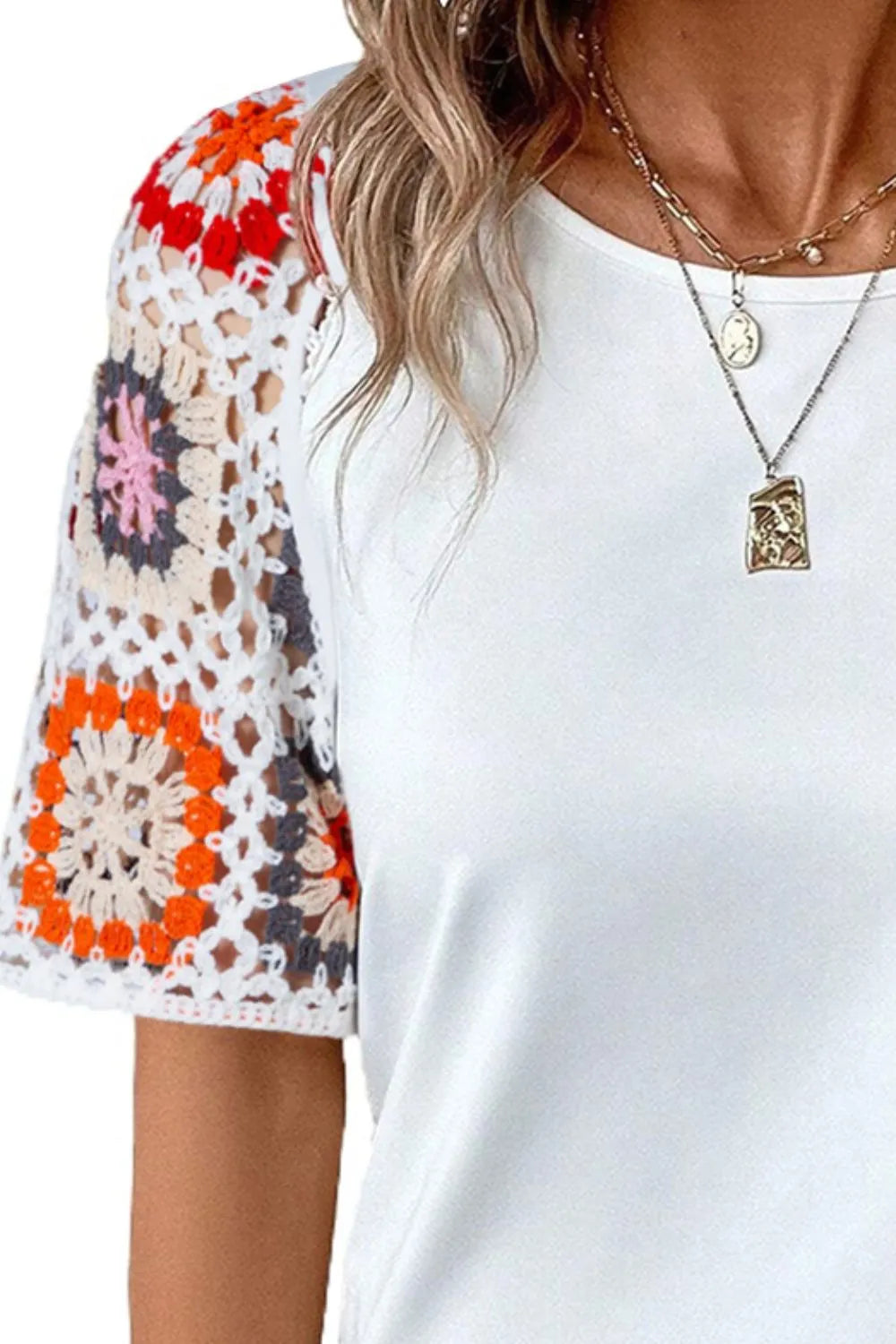 Geometric Round Neck Short Sleeve Blouse - cas7m