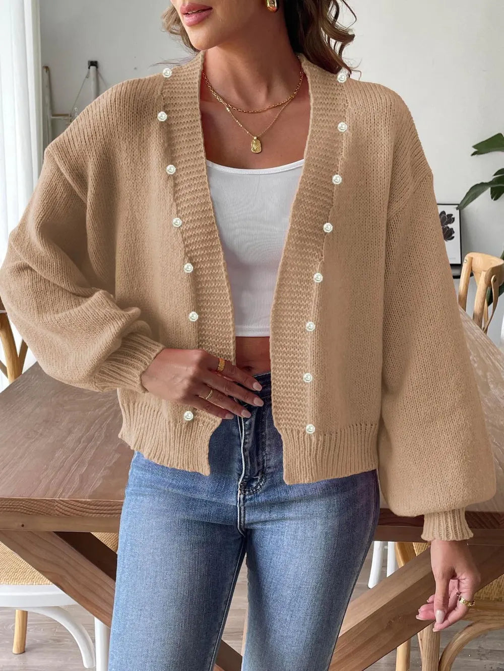Pearl Open Front Long Sleeve Cardigan - cas7m