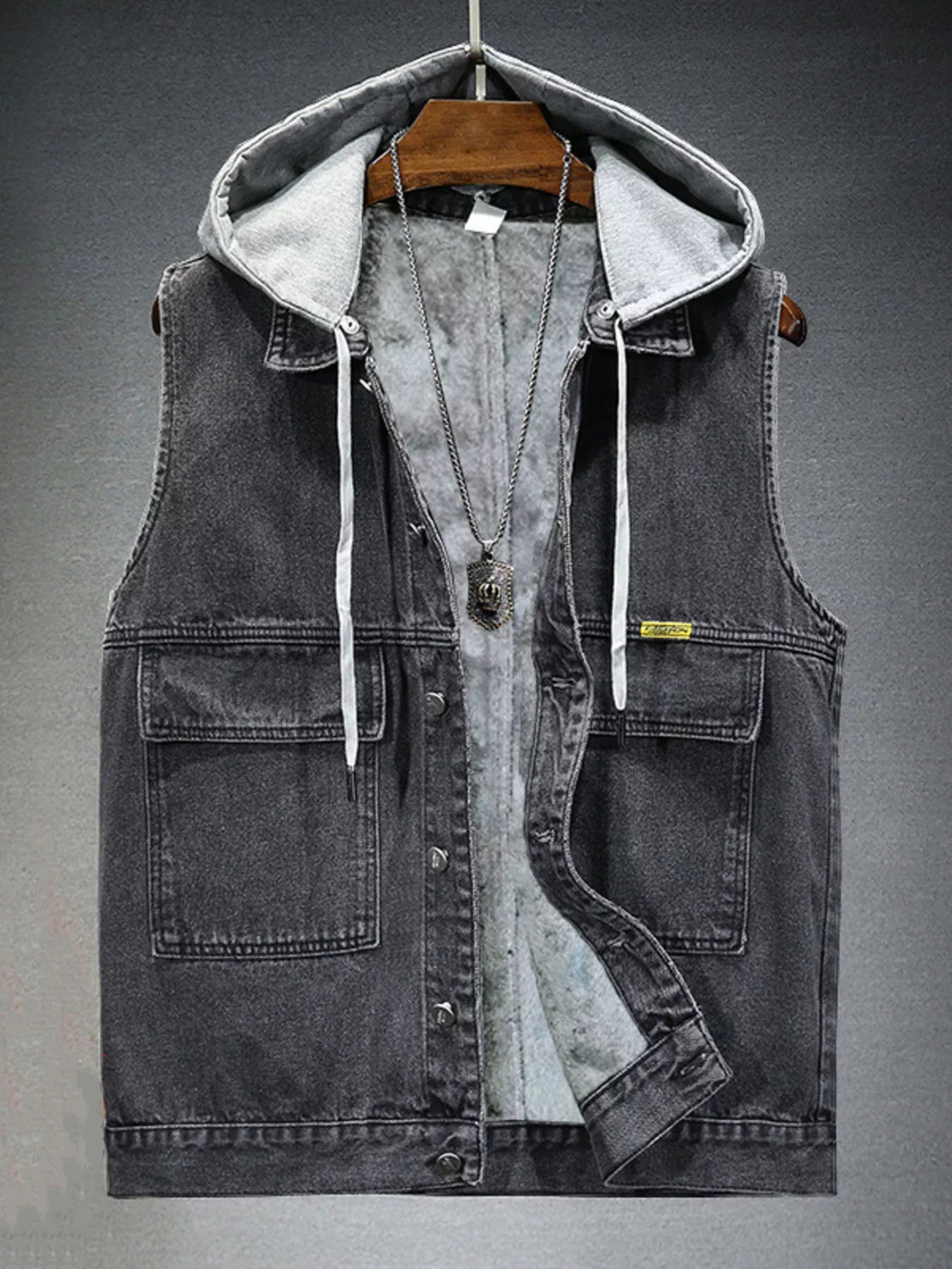 Men's Plus Size Hooded Denim Vest with Fleece Lining - cas7m