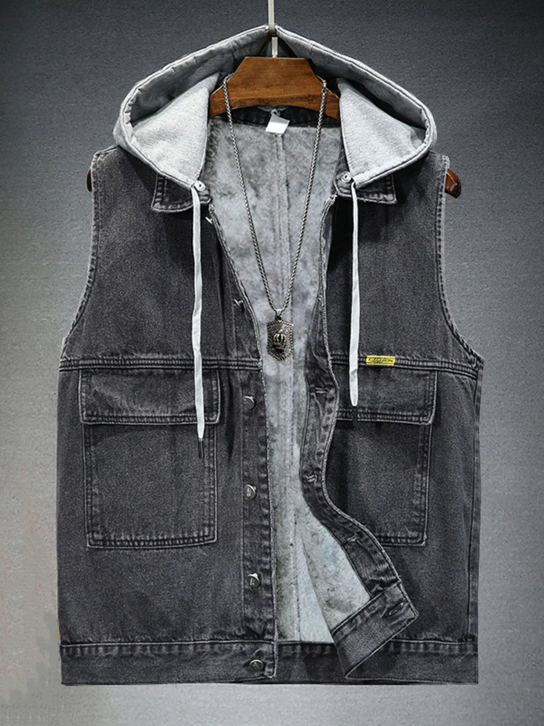 Men's Plus Size Hooded Denim Vest with Fleece Lining - cas7m