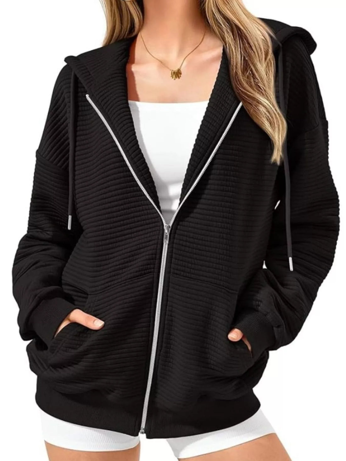 Drawstring Zip Up Dropped Shoulder Hoodie - cas7m