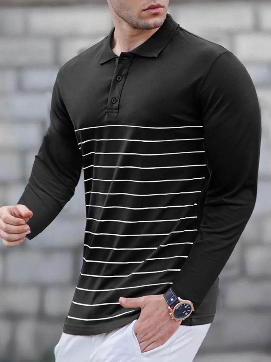 Men's Striped Long Sleeve Polo Shirt - cas7m