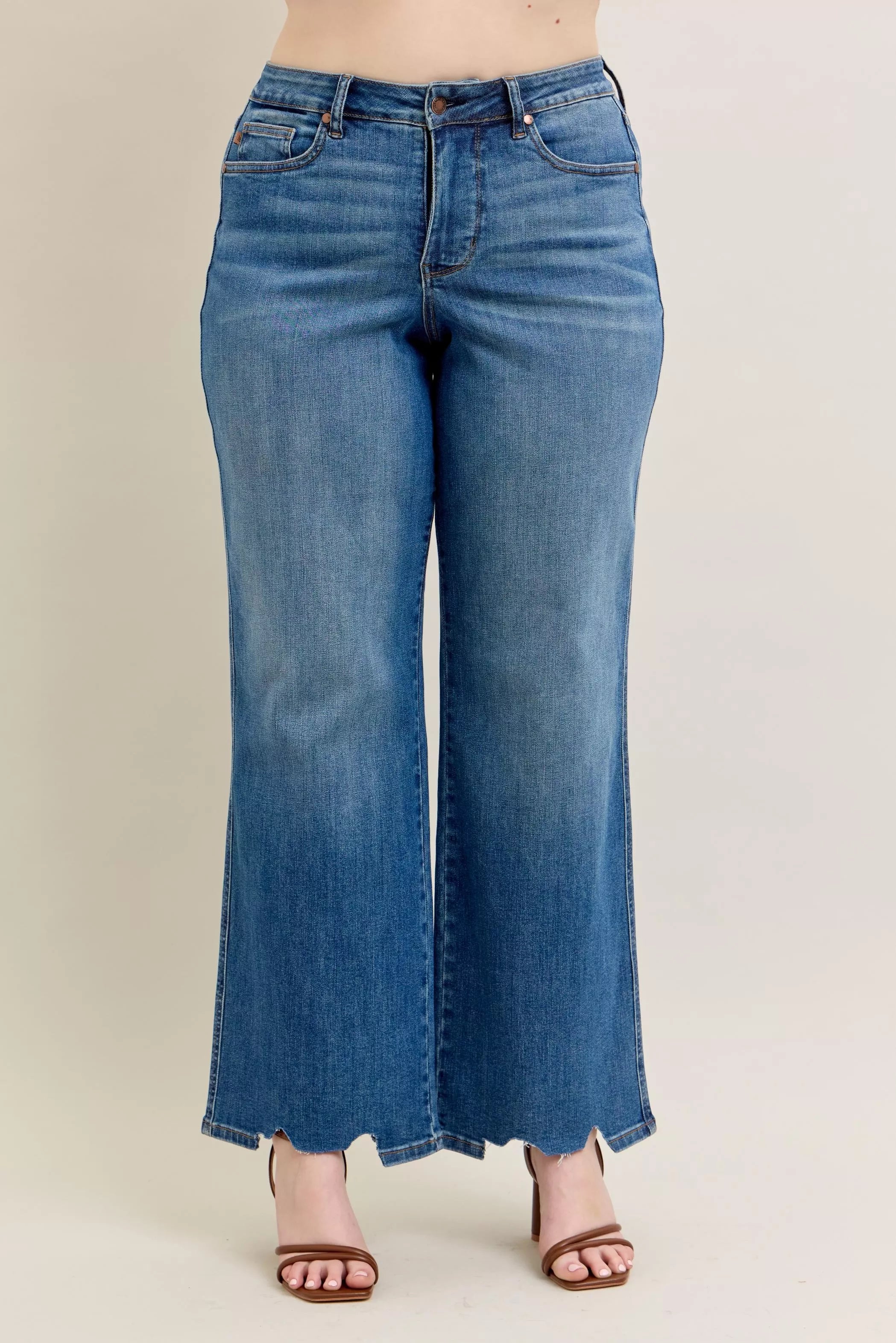 Judy Blue Full Size High Waist Tummy Control Chew Hem Destroy Wide Jeans Plus Size - cas7m