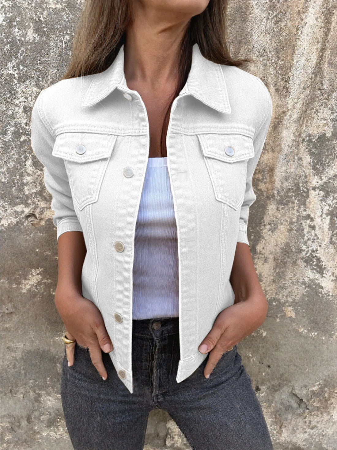 Button Front Closure Denim Jacket - cas7m