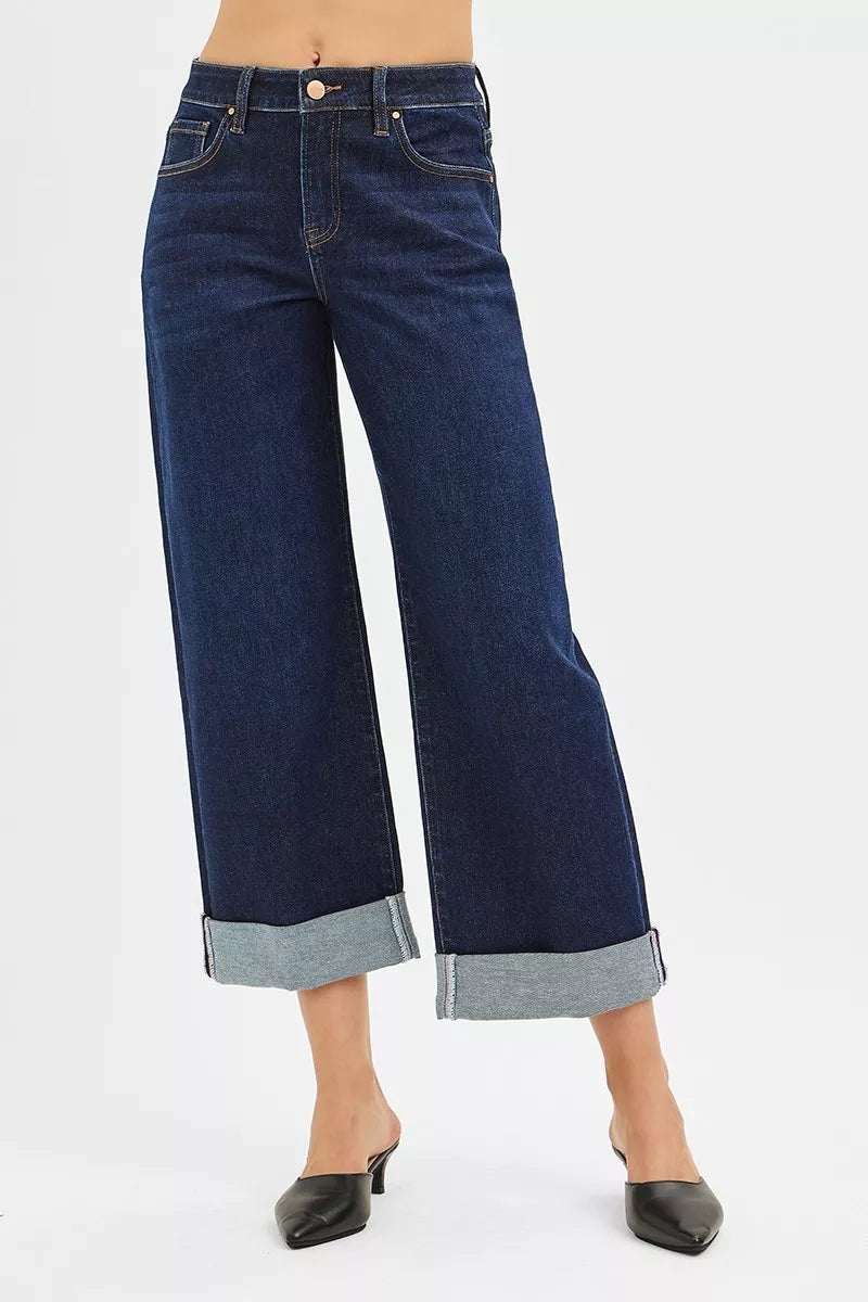 RISEN Mid Rise Fit Ankle Wide Roll Up Jeans - cas7m