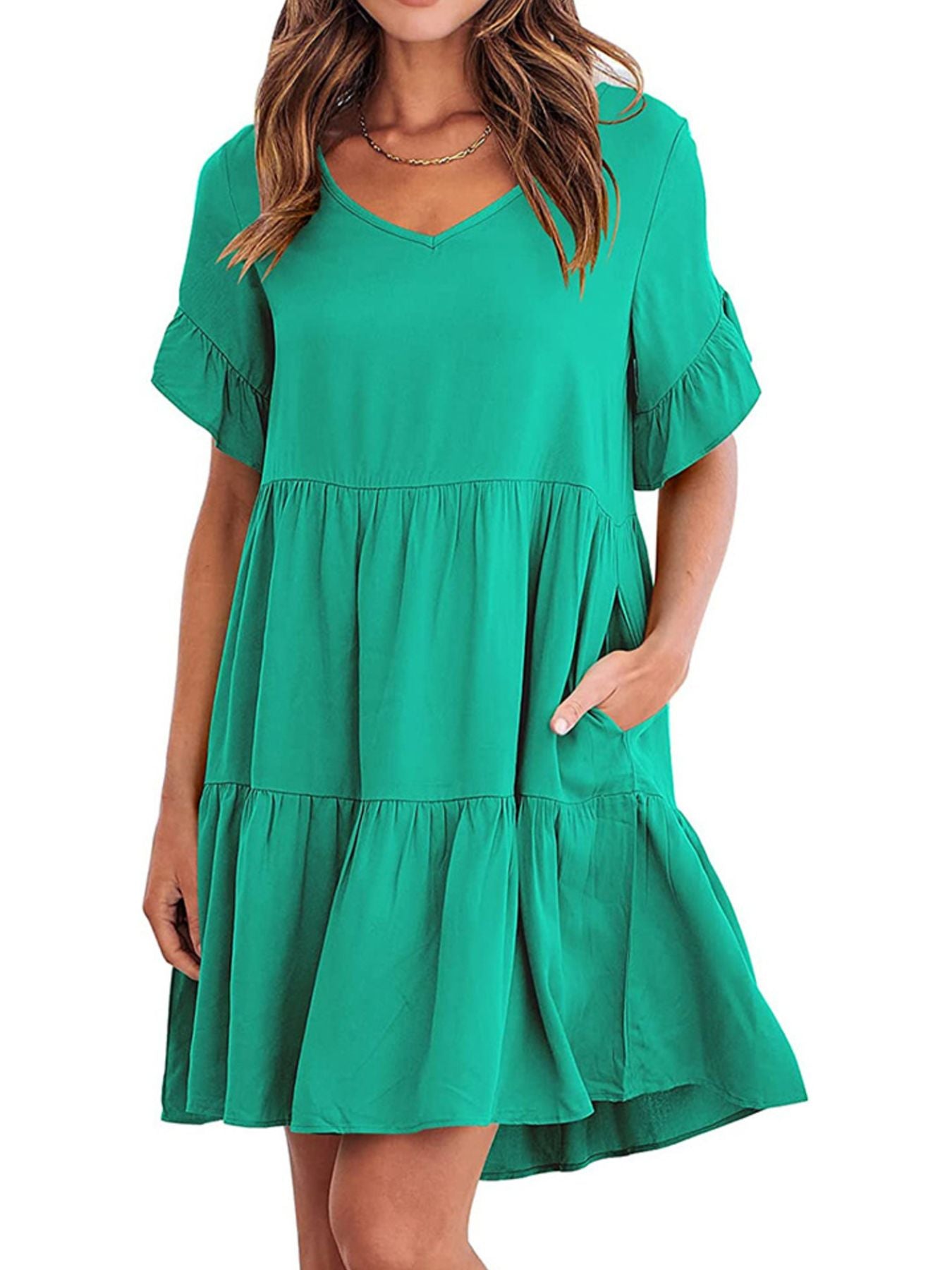 Ruffled Sleeve Tiered Mini Dress - cas7m