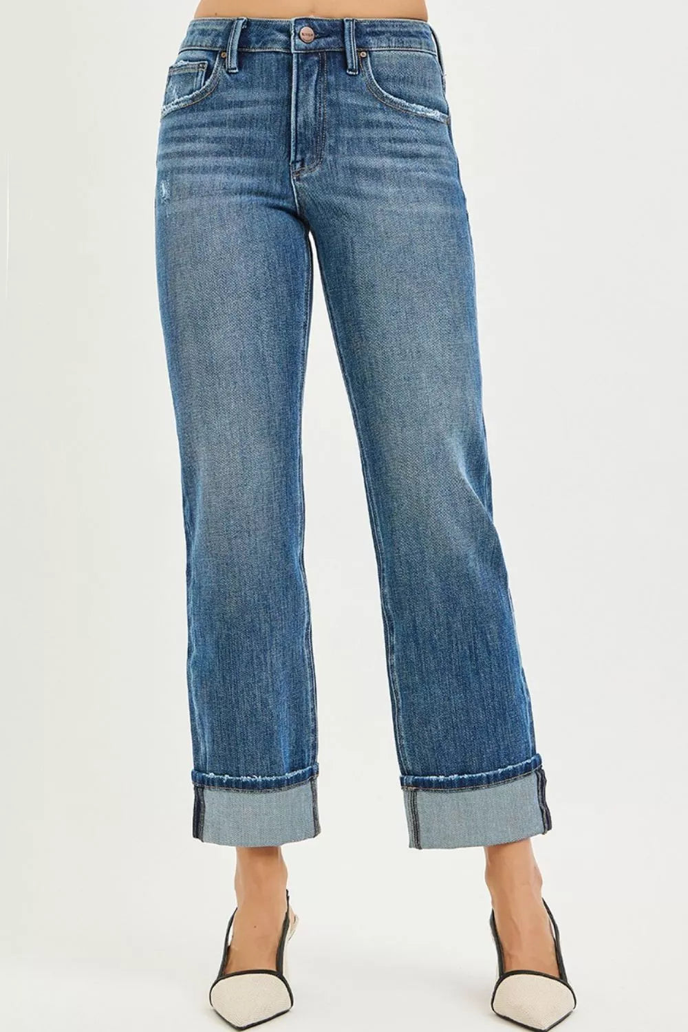 RISEN Full Size 4 Way Stretch Slouchy Straight Jeans with Cuffed Hem Plus Size - cas7m