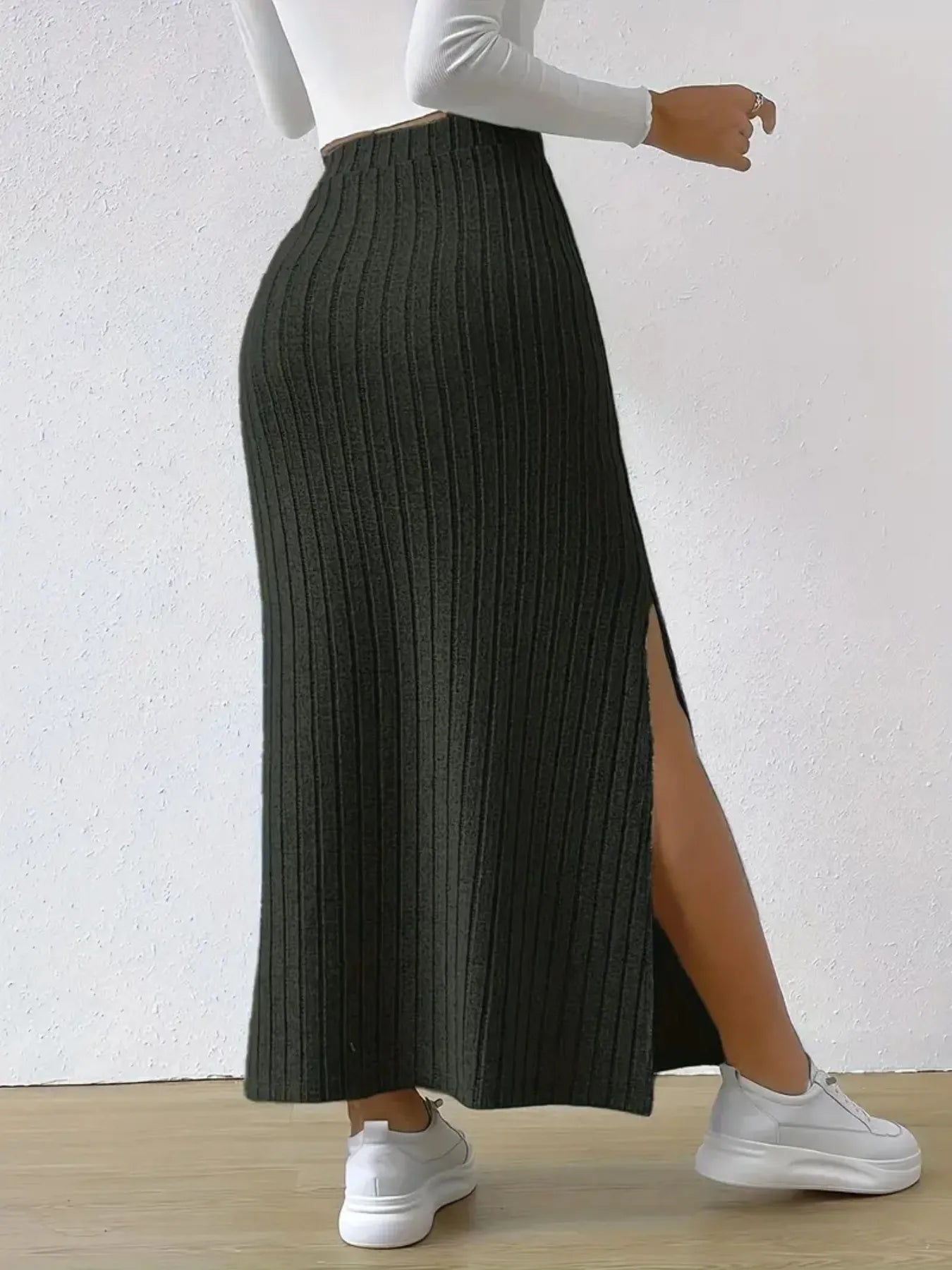 High Waist Ribbed Knit Maxi Skirt - cas7m