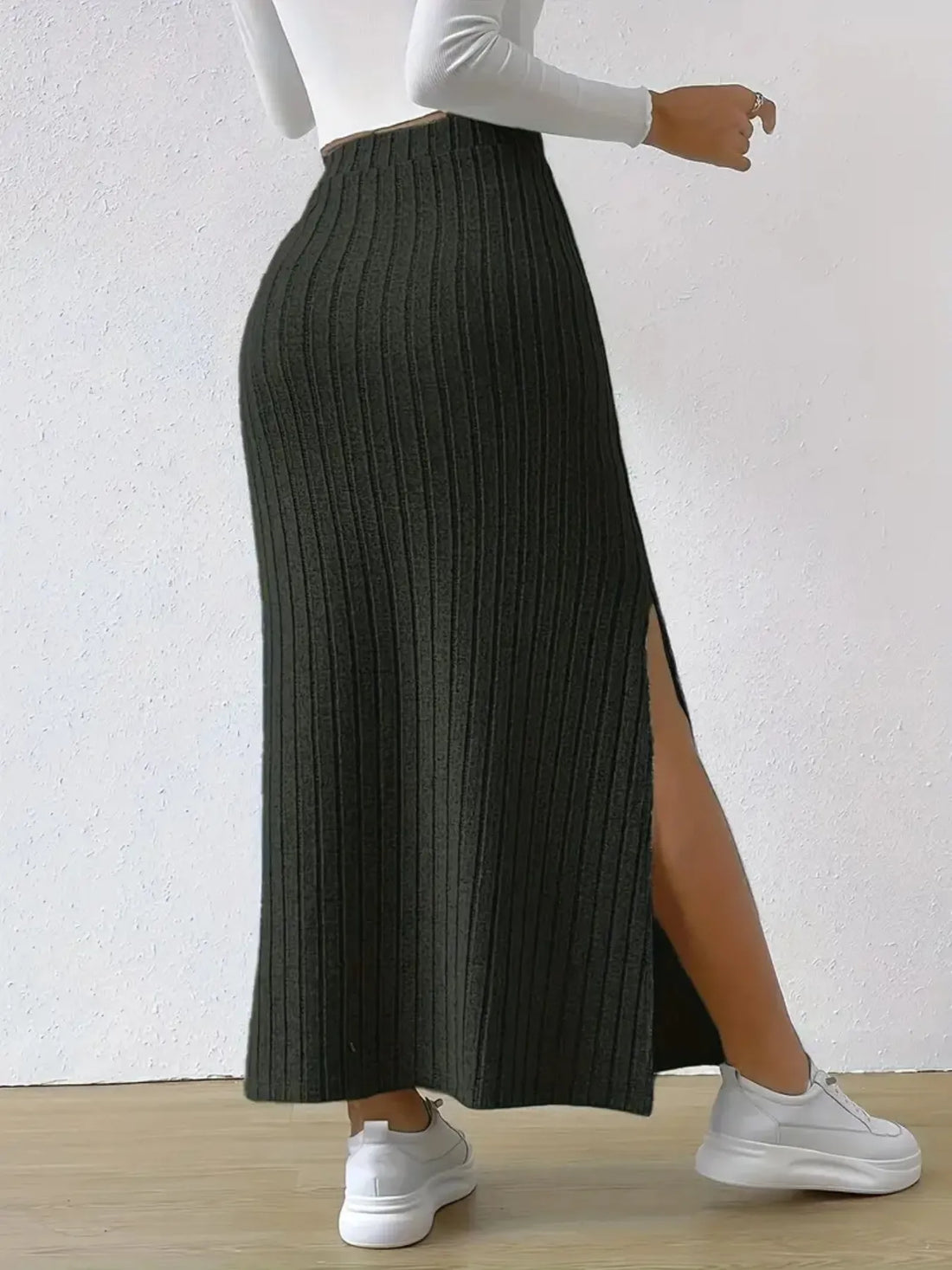 High Waist Ribbed Knit Maxi Skirt - cas7m