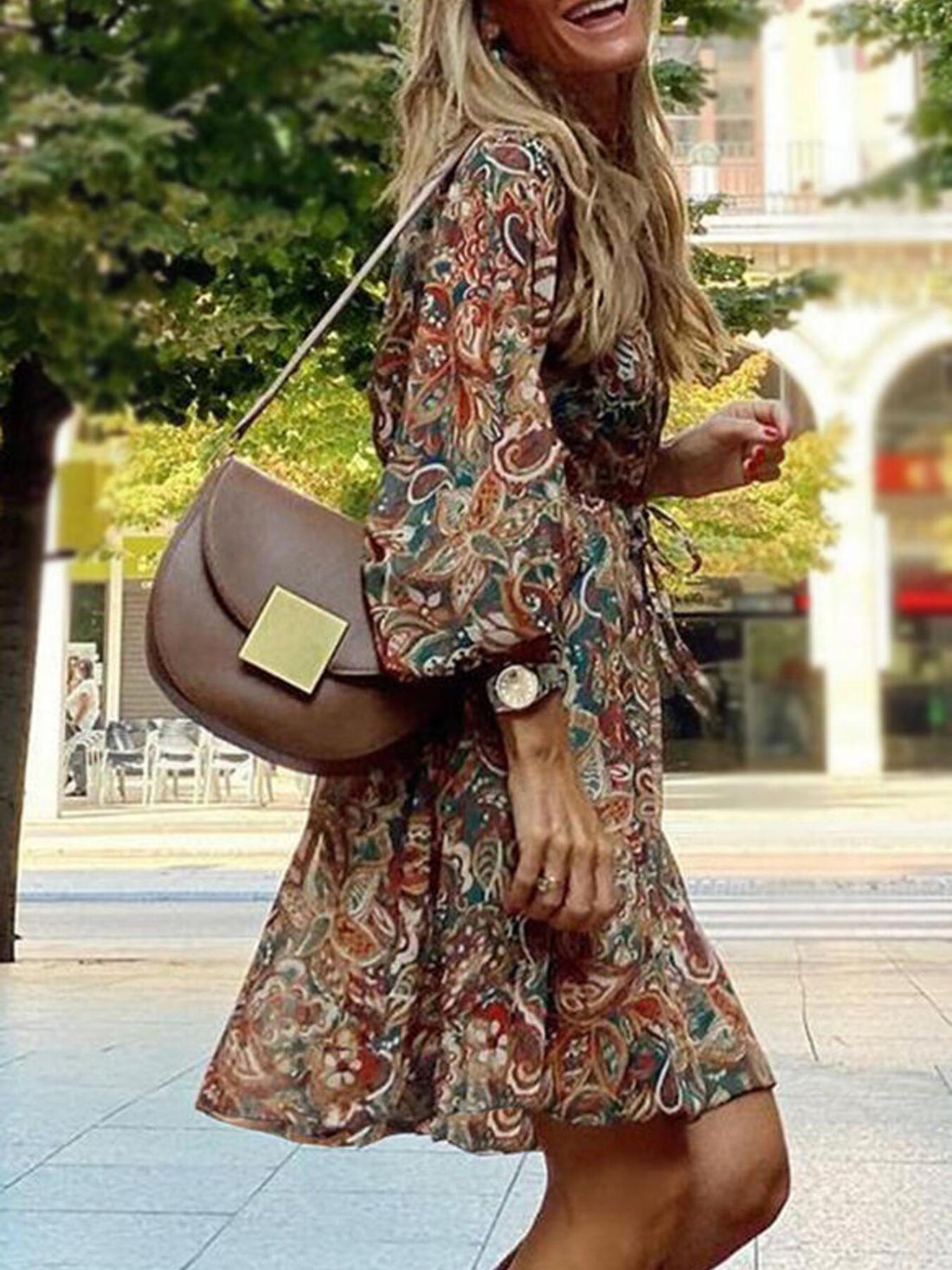 Paisley Print Balloon Sleeve Mini Dress - cas7m