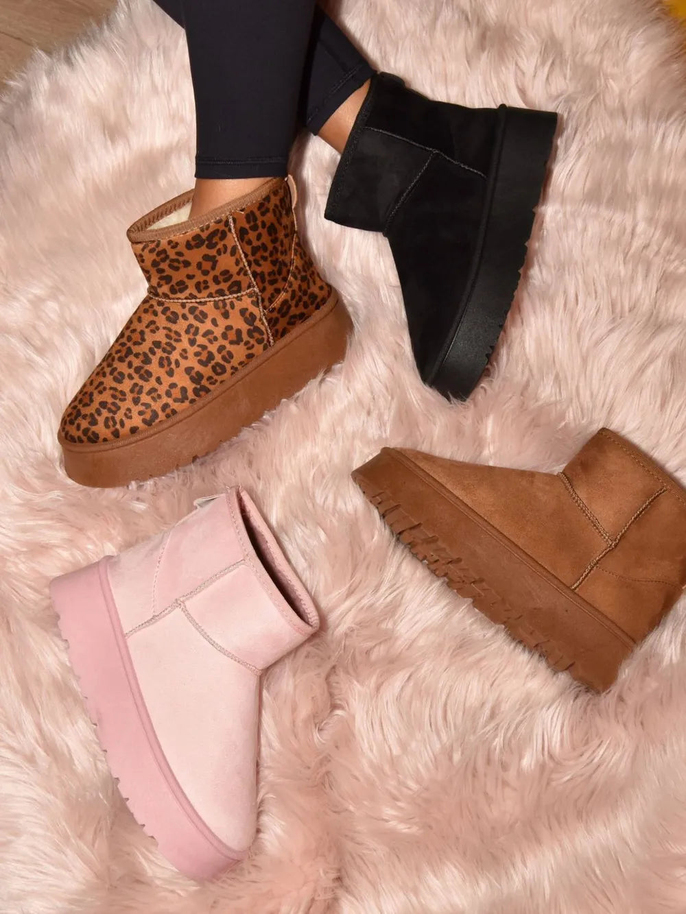 WILD DIVA Thermal Furry Leopard Platform Booties - cas7m