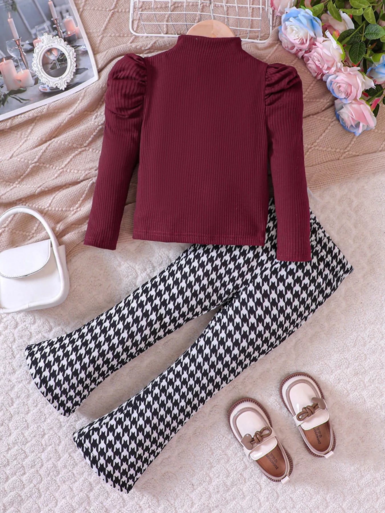 Children's Long Sleeve Top & Houndstooth Pants Set - cas7m