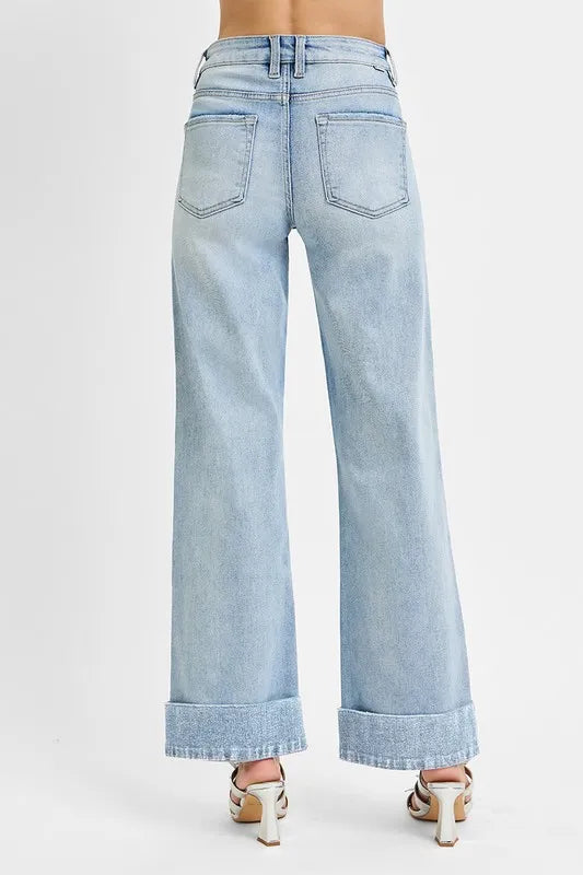 RISEN Full Size Tummy Control High Rise Ankle Wide Cuffed Jeans Plus Size - cas7m