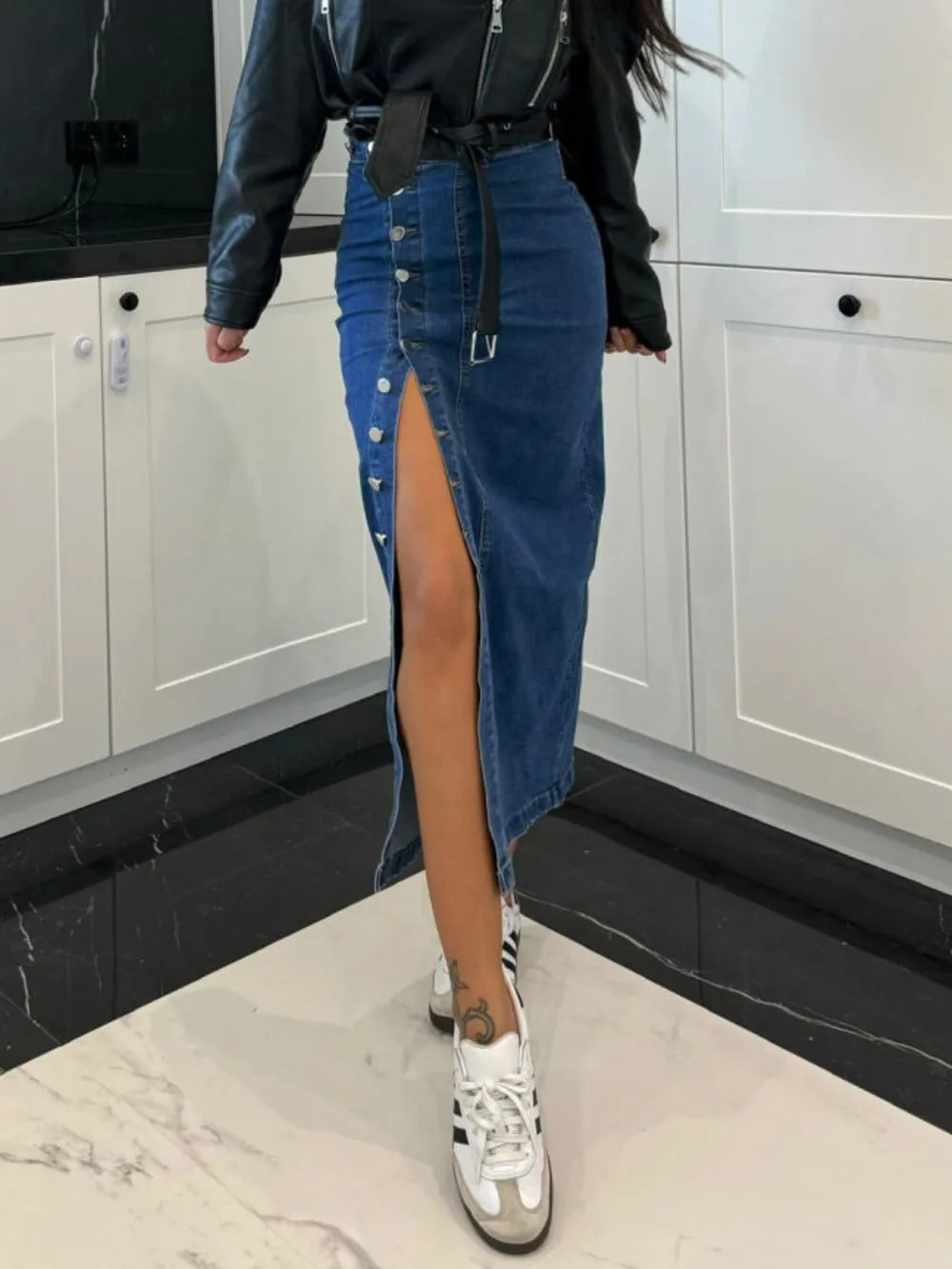 Front Button Slit Midi Denim Skirt - cas7m