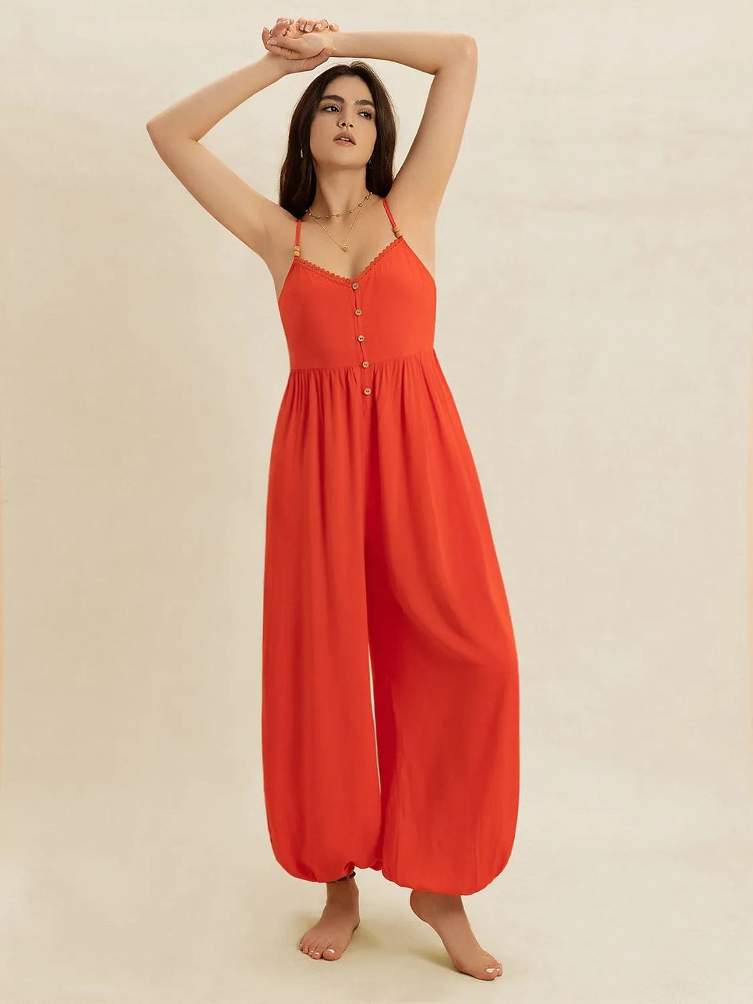 V-Neck Spaghetti Strap Jumpsuit - cas7m