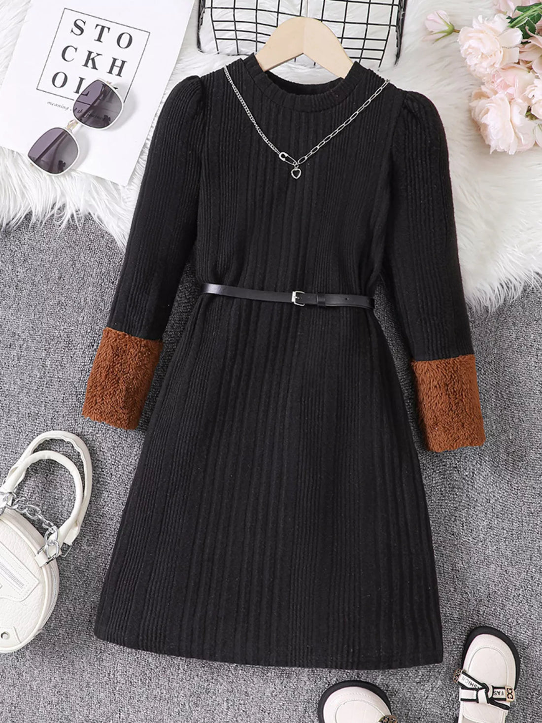 Children's Ribbed Knit Long Sleeve Dress - cas7m