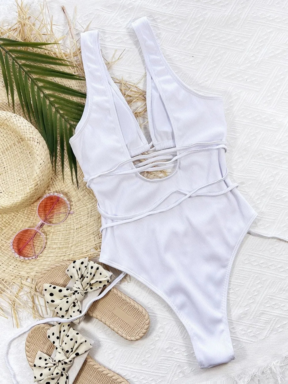 Ribbed Lace Up One-Piece Swimsuit - cas7m