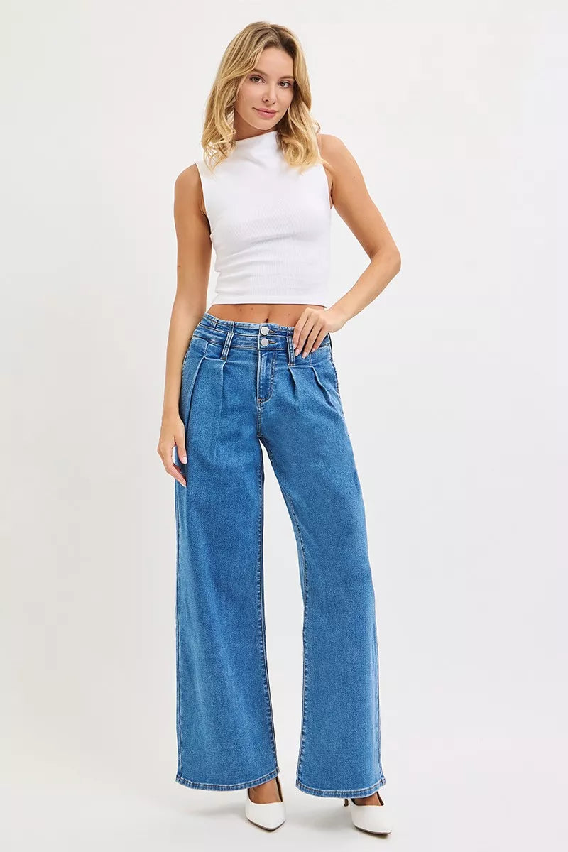 RISEN Full Size Mid Rise Fit Wide Leg with Pleated Detail Jeans Plus Size - cas7m