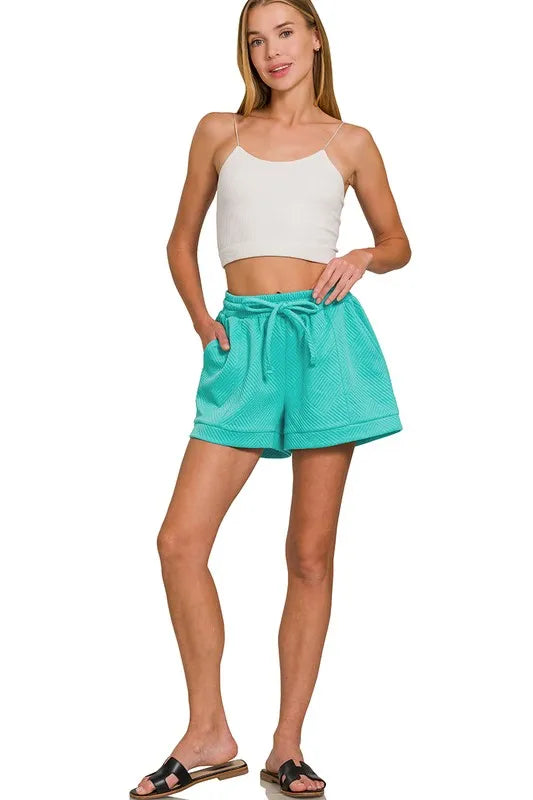 Zenana Textured Knit Jacquard Drawstring Shorts - cas7m