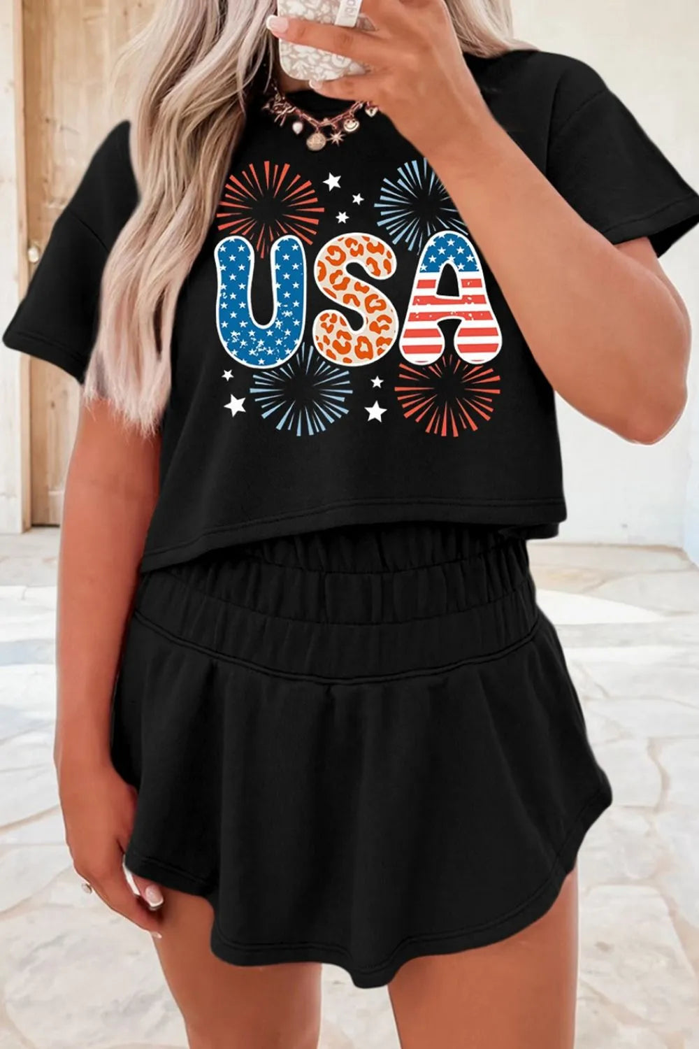 USA Graphic T-Shirt and Shorts Set - cas7m