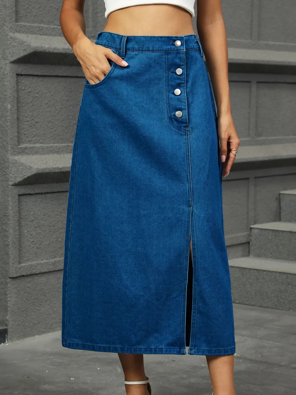 Slit Button Detail Denim Midi Skirt - cas7m