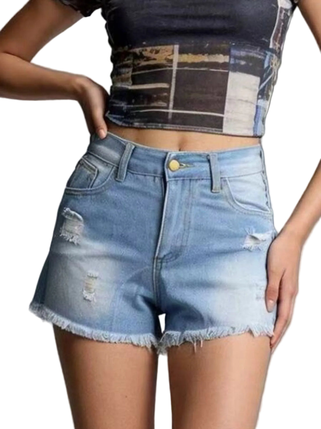 Distressed Frayed Hem Denim Shorts - cas7m