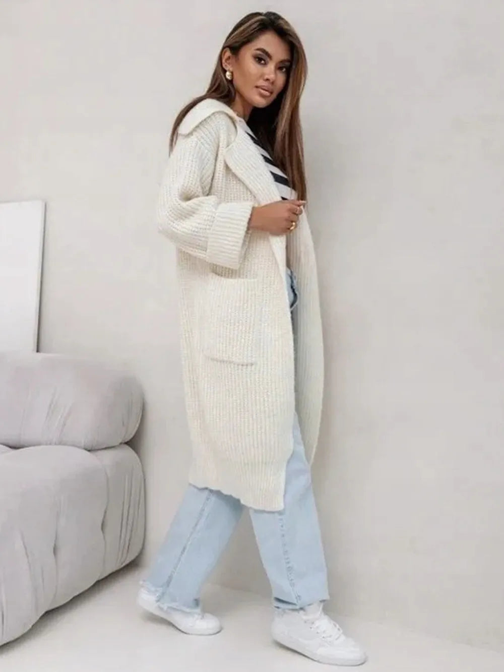 Pocketed Collared Neck Dropped Shoulder Cardigan - cas7m