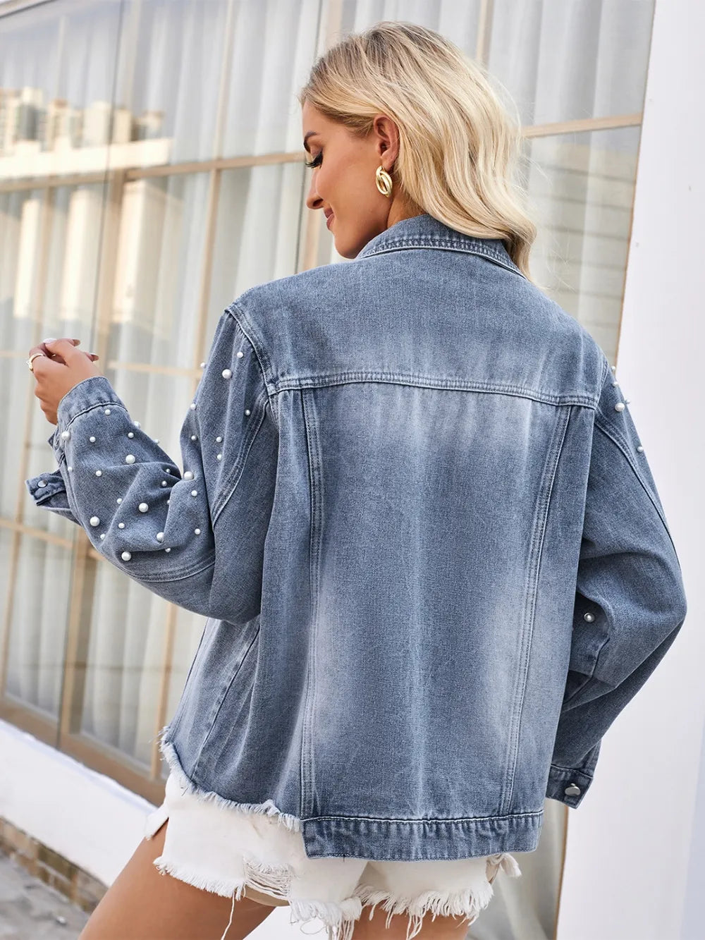 Pearl Trim Raw Hem Denim Jacket - cas7m