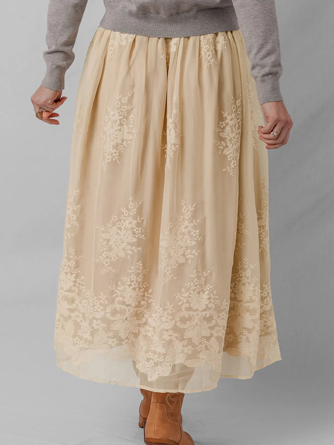 Embroidered Mesh Overlay Flowy Midi Skirt - cas7m
