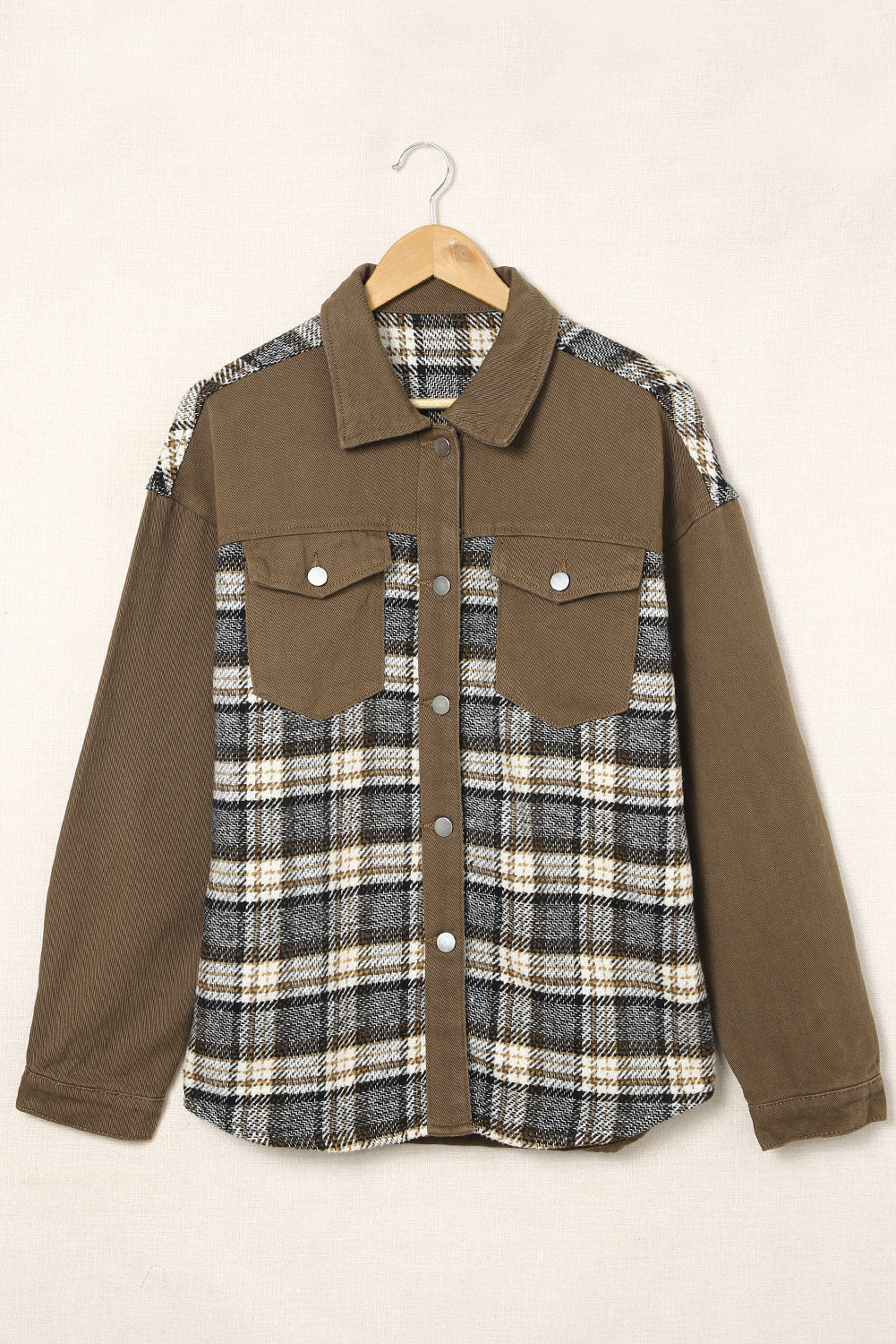 Plaid Collared Denim Jacket - cas7m