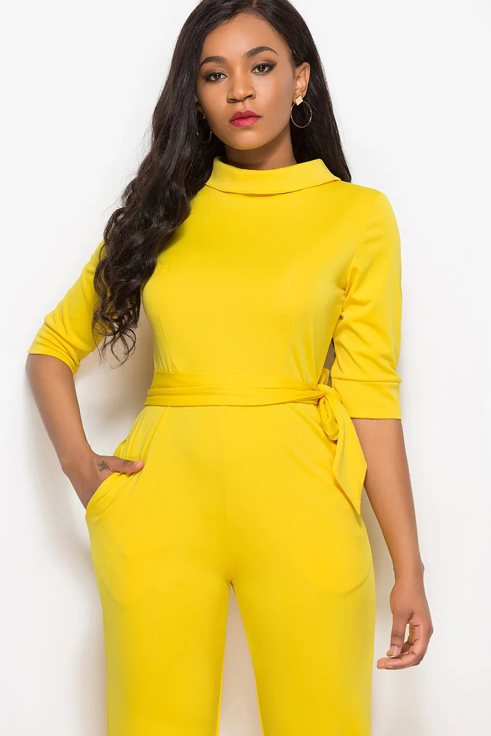 Mock Neck Tie-Waist Half Sleeve Jumpsuit - cas7m