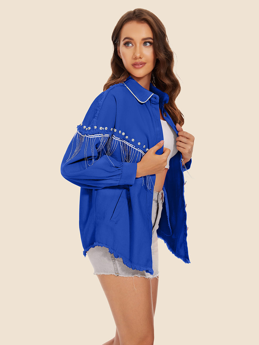 Raw Hem Fringe Detail Denim Jacket - cas7m