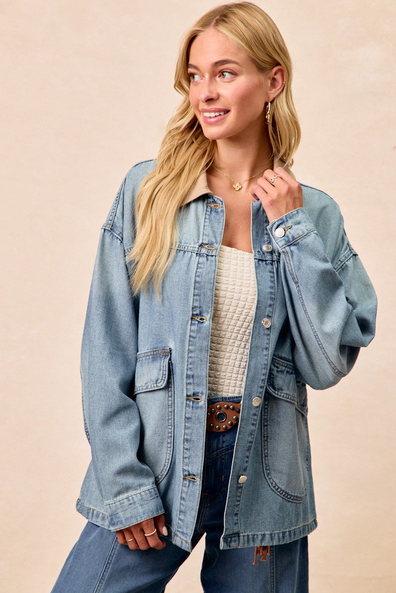 BiBi Washed Denim Jacket with Contrast Collar Detail - cas7m