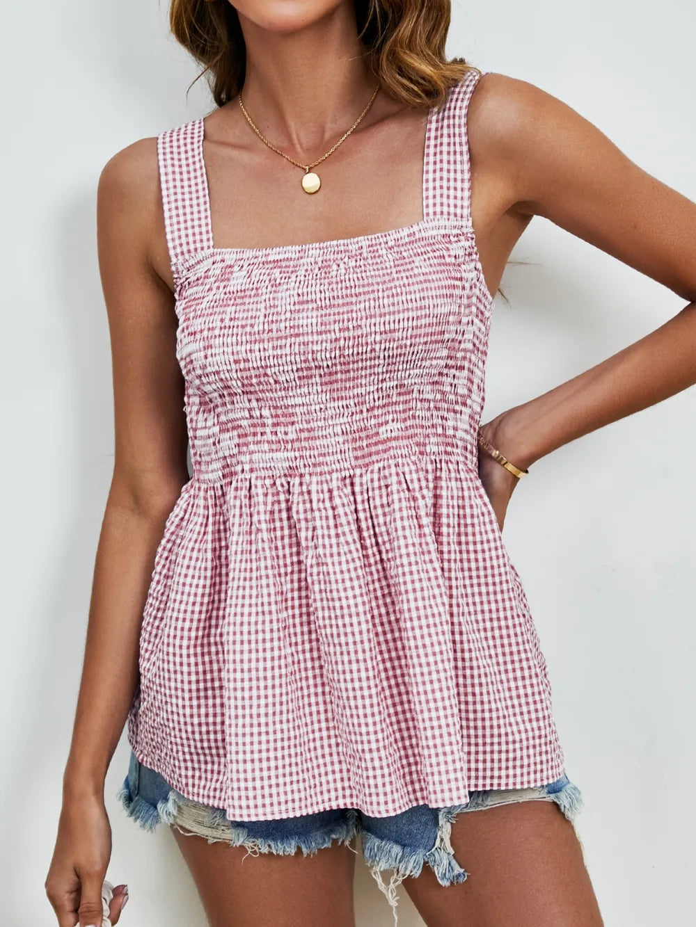 Smocked Plaid Square Neck Tank - cas7m
