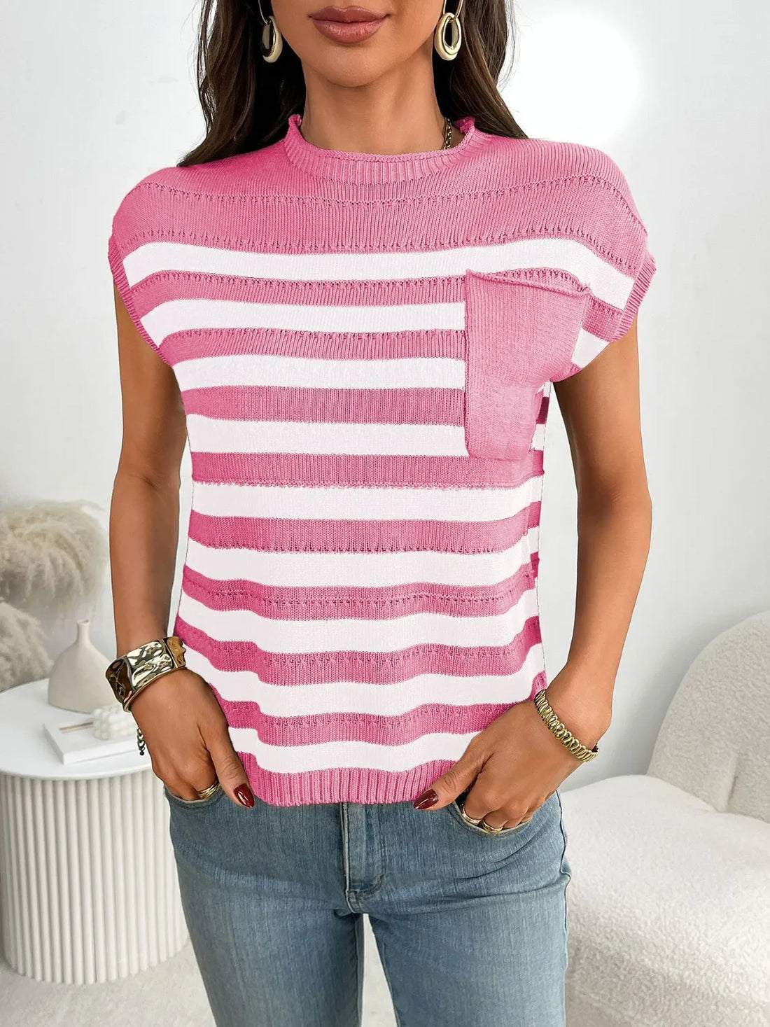 Striped Mock Neck Cap Sleeve Knit Top - cas7m