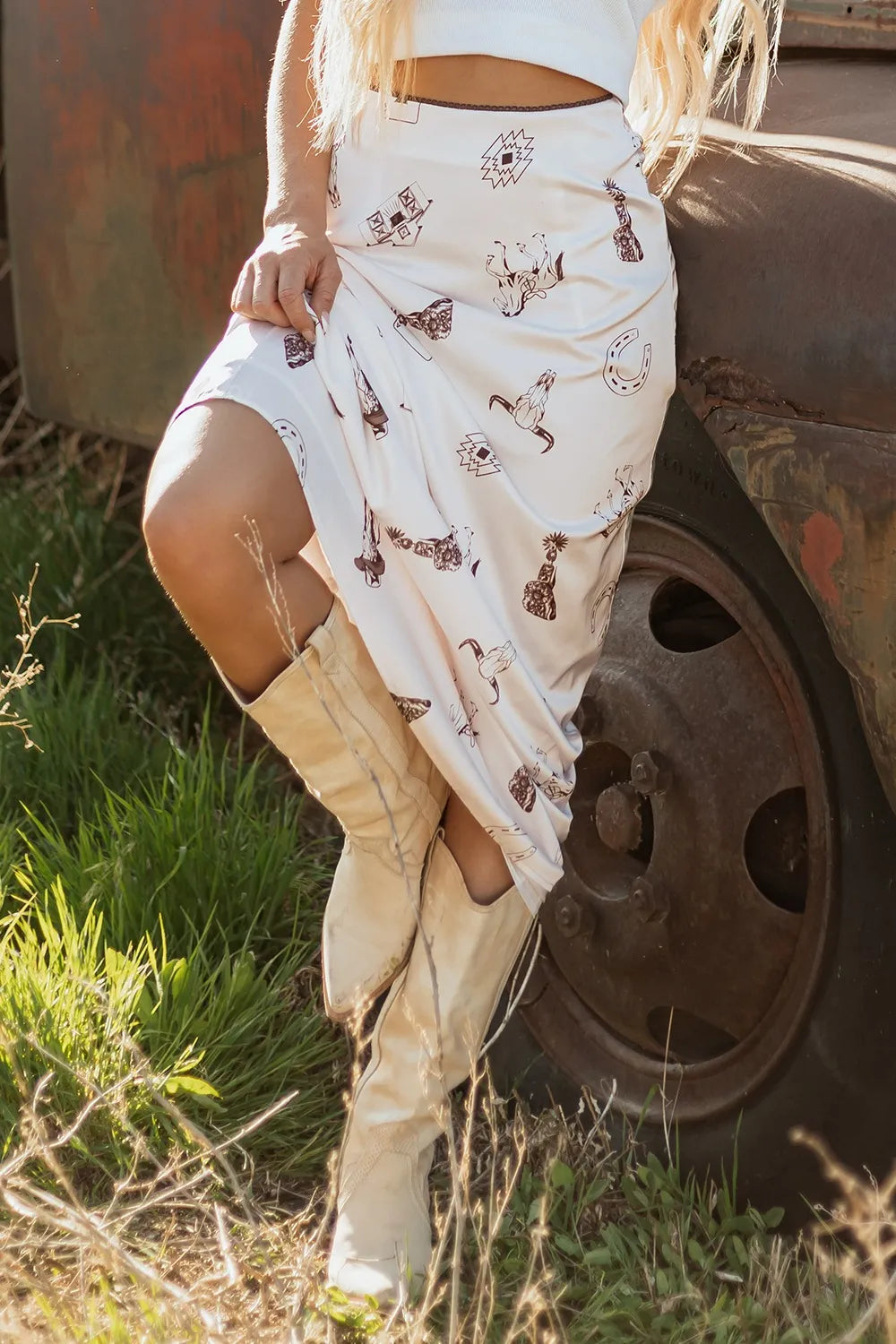 Western Print Satin Long Skirt - cas7m
