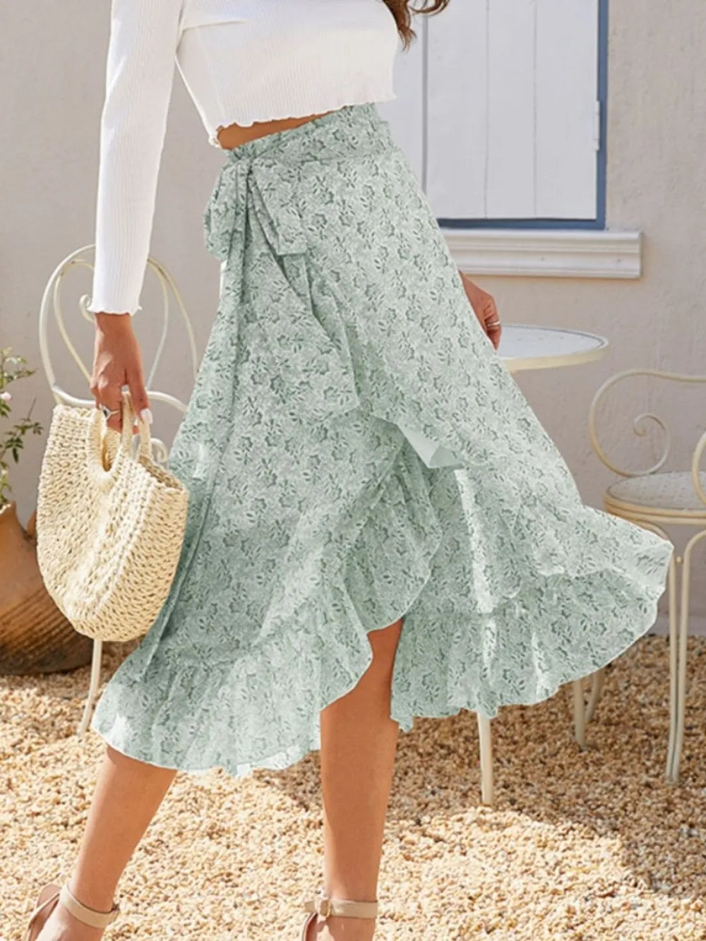 Printed Ruffled Midi Skirt - cas7m