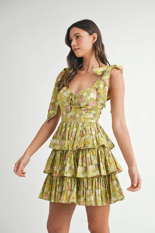 MABLE Floral Print Shoulder Tie Layered Mini Dress - cas7m